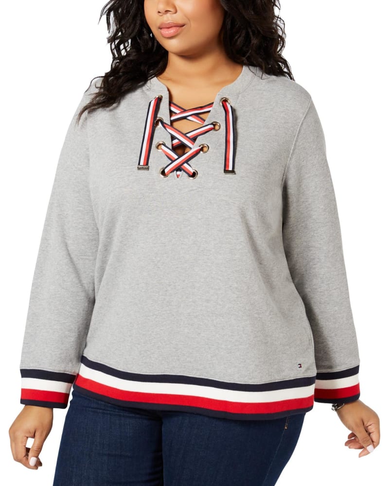Front of a model wearing a size 0X Tommy Hilfiger Women's Plus Lace up Sweatshirt Gray Size 0X in Gray by Tommy Hilfiger. | dia_product_style_image_id:313721